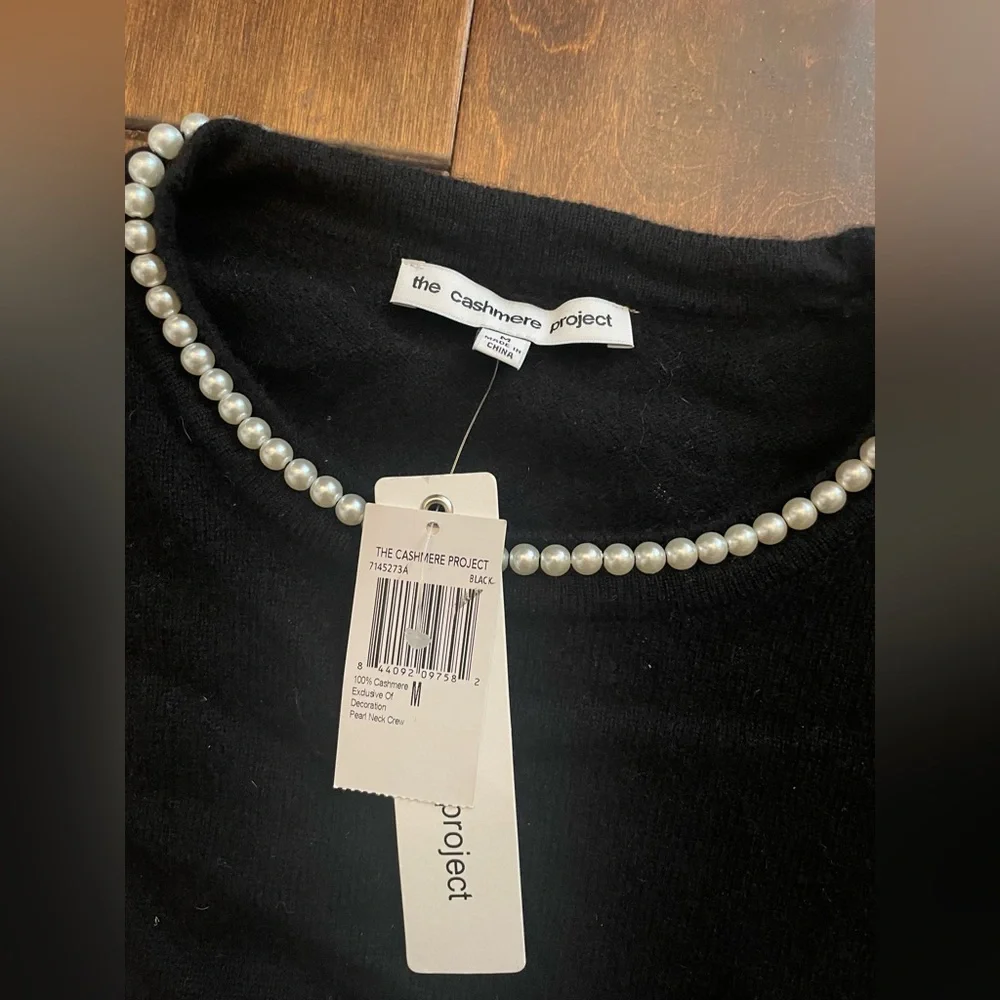 Cashmere Project 100% Cashmere Pearl Neck Sweater NWT Black Puff Sleeve | M